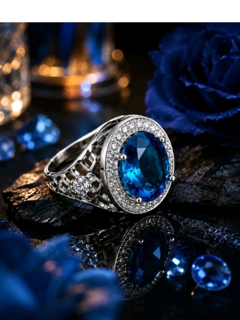 Vintage-Inspired Sapphire Halo Ring in Blue - Women Jewelry